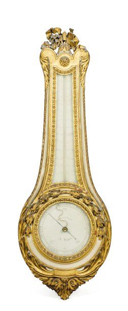 null Important Baromètre -Thermomètre de forme violonée en bois sculpté, doré et...