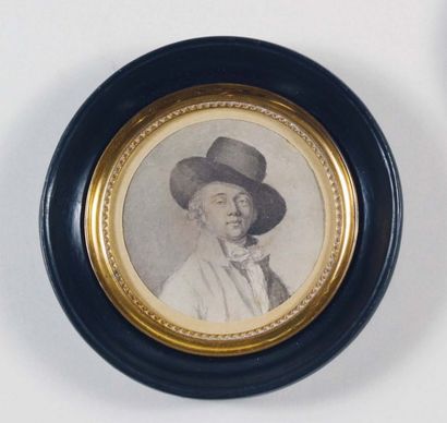 Louis -Lié PERIN-SALBREUX (attribué à). Portrait d'homme au chapeau de feutre. Miniature...