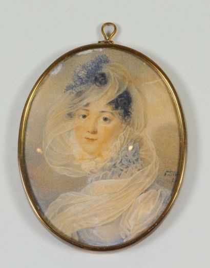 Jean -Baptiste ISABEY (école de ). Portrait de femme en robe de soie bleue et voile...
