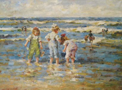 CHARLES GARABED ATAMIAN (1872-1947) Petites filles jouant sur la plage Huile sur...