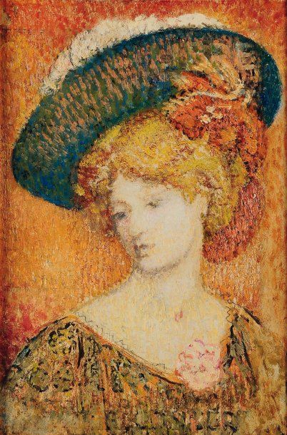 GEORGES LEMMEN (1865-1916) Femme au chapeau vert Technique mixte sur carton marouflé...