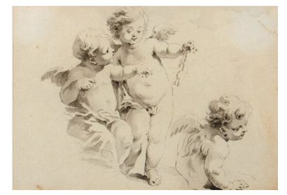 Ryschoot (1738-1794) Angelots Lavis d'encre sur papier H_10,7 cm L_15,3 cm