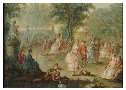 Ecole Française du XVIIIe siècle Promeneurs dans un parc Aquarelle sur papier. H_18,5...