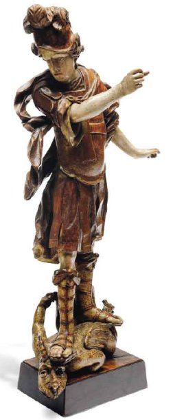 null St Georges terrassant le dragon Sculpture en bois polychrome. Allemagne, XVIIe...