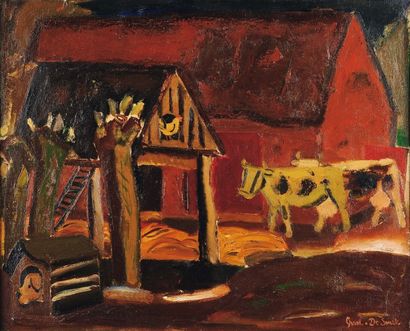GUSTAVE DE SMET (1877-1943) Cour de ferme aux vaches, 1937 Huile sur toile. Signée...