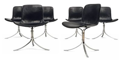 POUL KJAERHOLM (1929-1980) Suite de six chaises « PK 9 » à assises et dossiers en...