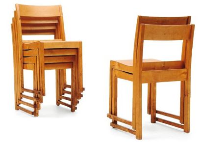 SVEN MARKELIUS (1889-1972) Suite de six chaises en bouleau à assises et dossier bandeau,...
