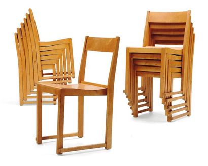 SVEN MARKELIUS (1889-1972) Suite de douze chaises en bouleau à assises et dossier...
