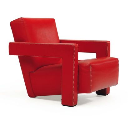 GERRIT THOMAS RIETVELD (1888-1964) Fauteuil « Utrecht » cuir rouge et lacets blancs....