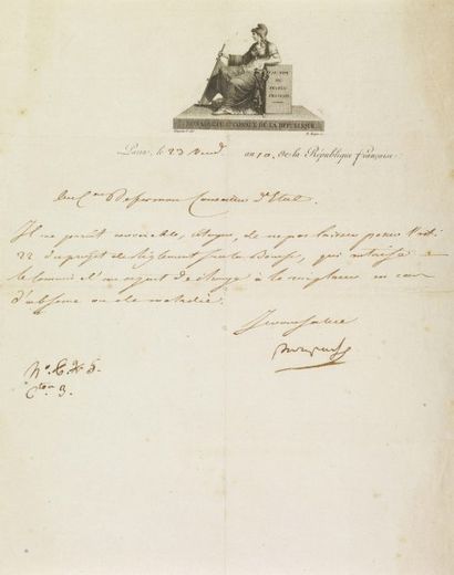 BONAPARTE NAPOLÉON Lettre signée « Bonaparte », 2/3 de page in-4 ; Paris, 23 Vendémiaire...