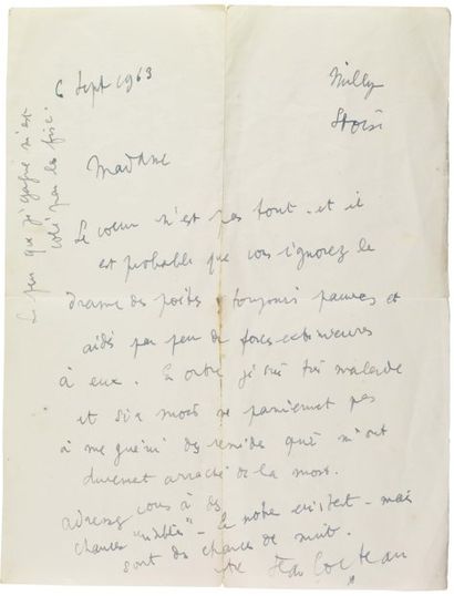 COCTEAU JEAN (1889-1963) Poète, auteur de théâtre et peintre français. Lettre autographe...