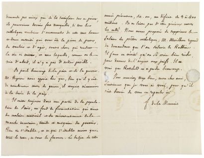 LAMENNAIS, FÉLICITÉ DE Lettre autographe signée, 3 pages in-8 ; Paris, 14 novembre...