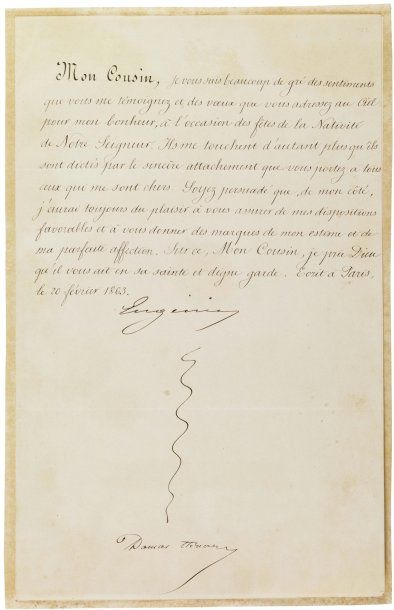 MONTIJO, EUGÉNIE DE (1826-1920) Impératrice des Français. Pièce autographe signée,...