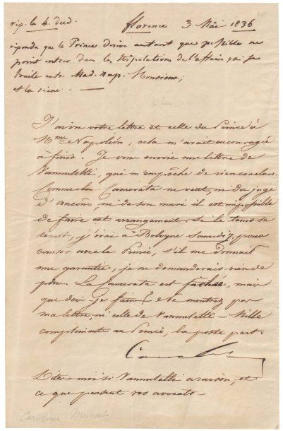 MURAT CAROLINE Lettre signée, 1 page in-8 ; Florence, 3 mai 1836. Neuf pièces jointes....