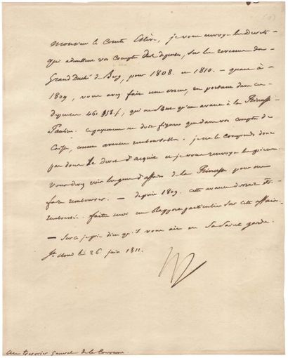 NAPOLÉON Ier BONAPARTE Lettre signée « Np », 1 page in-4 ; Saint-Cloud, 26 juin 1811....