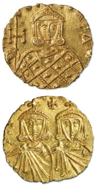 BYZANCE, CONSTANTIN V ET LÉON IV (741-775). Solidus en or de Syracuse (3,85 g.) aux...
