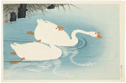 Koson Ohara (1877-1945) Deux oies nageant près du rivage Une tend le cou en avant...