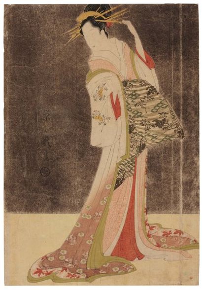 Eishi Chobunsai (1756-1829) Takigawa de la maison Ogiya, vue en pied Debout, légèrement...
