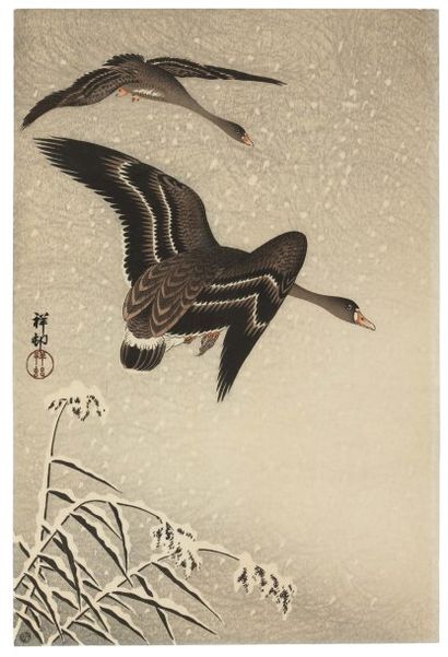 Koson Ohara (1877-1945) Deux oies sauvages en vol sous des fl ocons de neige Elles...
