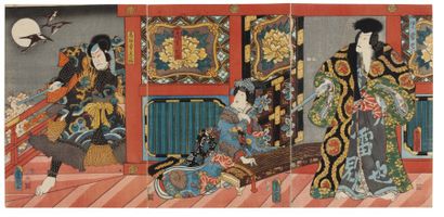 Kunisada Utagawa (1786-1864) Trois acteurs dans une scène nocturne Le brigand Takasago...
