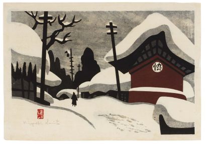 Saito Kiyoshi (1909-1997) L' hiver à Aizu Rue en hiver à la tombée de la nuit sous...