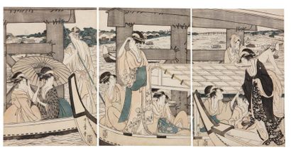 Utamaro Kitagawa (1753-1806) Ryôgoku bashi no ue, shita Sur le pont Ryôgoku Triptyque...