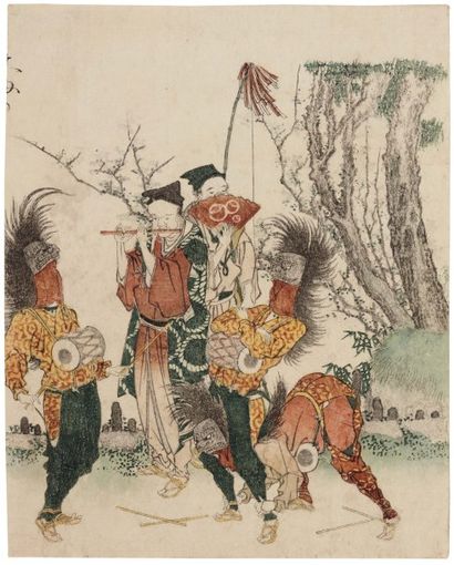 Hokusai Katsushika (1760-1849) Trois danseurs acrobates portant des masques de shishi...
