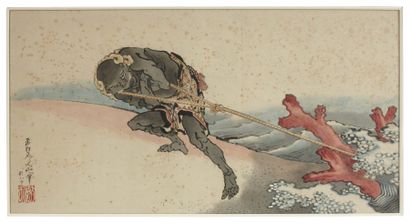 Hokusai (attribué à) (1760-1849) Le pêcheur de corail Aquarelle. Signé : Hokusai,...