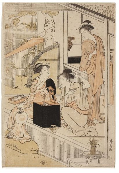 Kiyonaga Torii (1753-1815) Une femme se coiffant Assise au bord d'une terrasse, une...