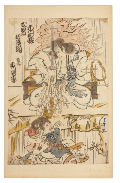 Kunisada Utagawa (1786-1864) Un jeune étudiant Guerriers au feu Deux acteurs et un...