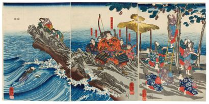 Kuniyoshi Utagawa (1797-1861) Le guerrier Tametouro débarquant sur une île de femmes...