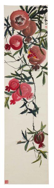 Qi Liangyi 1923-1988 Branches de grenades et une abeille Peinture polychrome sur...