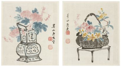 Qishan (2) Deux aquarelles chinoises : « corbeille de fleurs », « pivoines et lys...