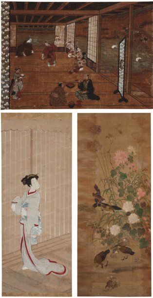 null Lot de : a - Shigemasa Kitao (1739-1820) Peinture sur papier. Une femme debout...