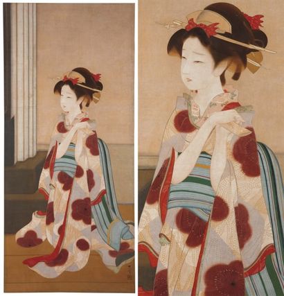 Shûhô (fin XIXème-début XXème siècle) Beauté Peinture sur soie. Beauté accroupie...