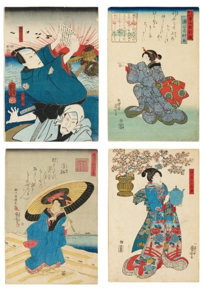 null Lot de : a - Kuniyoshi Utagawa (1798-1861) Ise ondo koino netaba Scène de théâtre,...