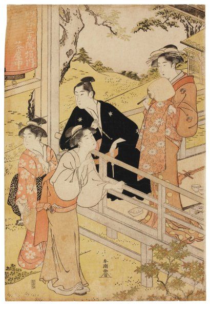 Shuncho Katsukawa (actif vers 1780-1795) Un jeune homme, vêtu de noir, est assis...