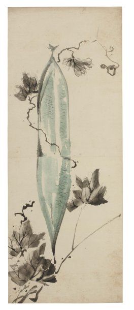 Taito II, élève d'Hokusaï (actif 1810-1853) Courge verte accrochée à une branche...