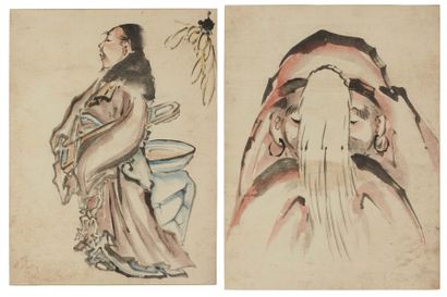 null Lot de : a - Taito II, élève d'Hokusaï (actif 1810-1853) Aquarelle sur papier....