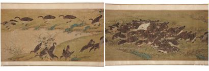 Wang Daoming Oies sauvages Peinture polychrome sur soie suivie d'un colophon, montée...