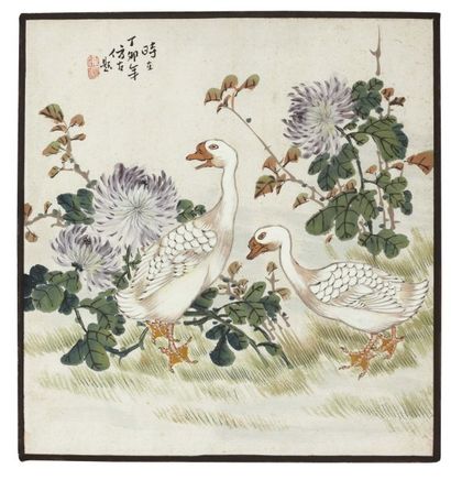 Anonyme Deux oies blanches Aquarelle sur papier. Chine Format : H_31 cm L_29,5 c...