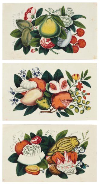 Anonyme Trois peintures sur papier de riz chinois. 1 : composition de fleurs, fruits....