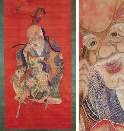 Anonyme Shouxing, dieu de la longévité Peinture polychrome sur soie à fond rouge,...