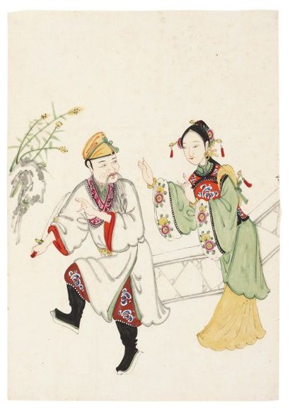 null Lot de : Anonyme 3 peintures chinoises représentant des scènes de théâtre. 1796-1820,...