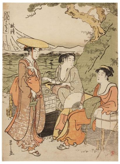 Eishi Hosoda (1756-1829) Rinsho. (Le mois de) juin. Deux voyageuses font une halte...