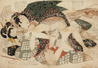 Eizan Kikugawa (1787-1867) attribué à Estampe érotique Les ébats amoureux d'un homme...