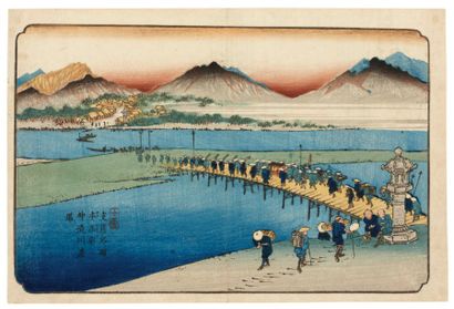 Eisen Keisai Ikeda (1790-1848) Honjô, traversée de la rivière Shinryû De la Serie...