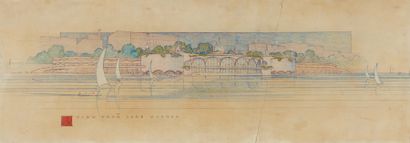 FRANK LLOYD WRIGHT (1867-1959) Monona Terrace depuis le lac Mine de plomb et crayon...
