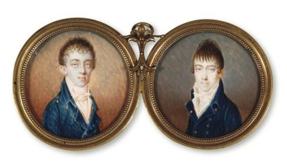 ECOLE DU DÉBUT DU XIXe SIÈCLE. Portraits de deux frères en redingote bleue, gilet...