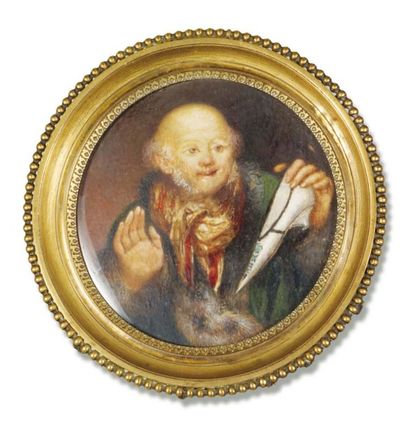 ECOLE FRANÇAISE DE LA FIN DU XVIIIe SIÈCLE Portrait d'un « maître-bottier » présentant...